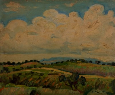 Madrid from Casa del Campo, Large Cloud — Oil painting, Plywood, 45.00×55.00cm — Theodoros Markellos